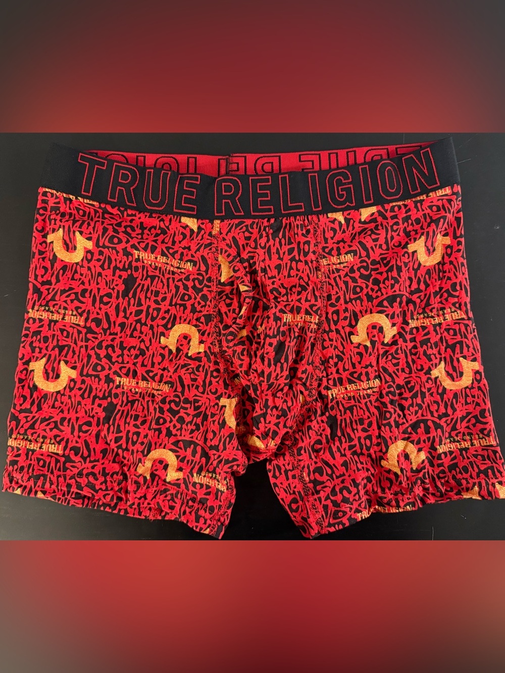 True Religion Red Boxer Briefs with Gold Logo Accents